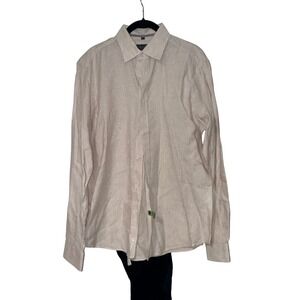 Emile Lafaurie Button Down Mens L Beige Linen Blend Stripe Shirt